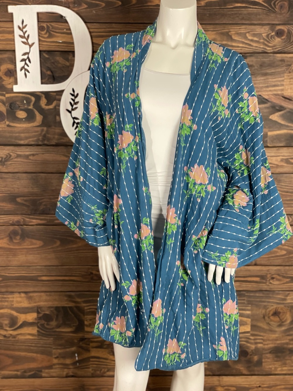 Earthbound | Rose Floral Blue Faux Quilted Kimono Cardigan Duster Lace Stripe